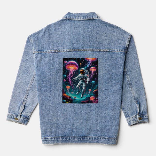 Astronaut Floating with Glowing Space Jellyfish Te Denim Jacket (Back)