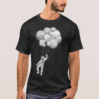 Astronaut Floating With Planet Balloons Hand Drawn T-Shirt