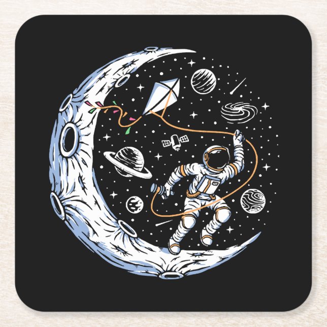 Astronaut Flying a Kite on the Moon Square Paper Coaster (Front)