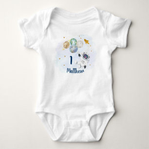 Astronaut Galaxy Blue Gold Space First Birthday Baby Bodysuit