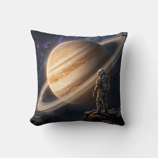 Astronaut Gazing at Saturn Throw Pillow (Front)