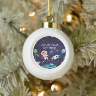 Astronaut girl on the moon, monogrammed name ceramic ball christmas ornament