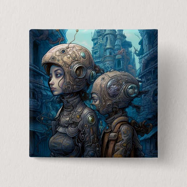 Astronaut Girls Surreal Science Fiction 2 Inch Square Button (Front)