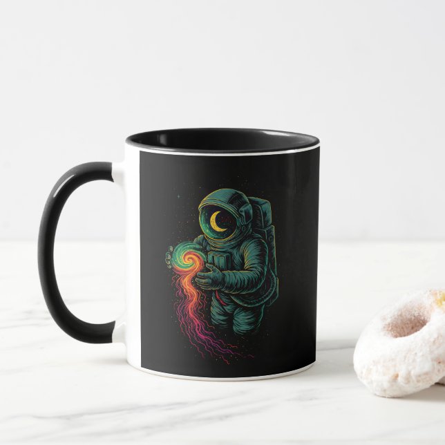 Astronaut Holding a Cosmic Spiral Mug (With Donut)