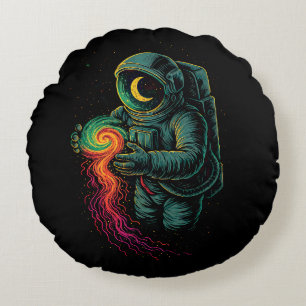 Astronaut Holding a Cosmic Spiral Round Pillow