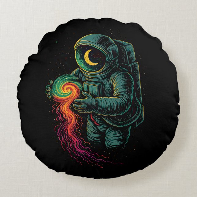 Astronaut Holding a Cosmic Spiral Round Pillow (Front)