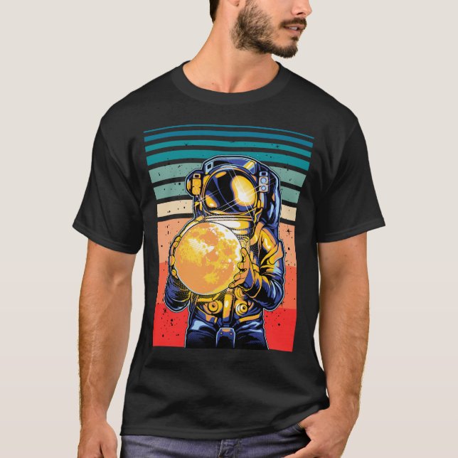 Astronaut holding Moon Retro Cosmic T-Shirt (Front)
