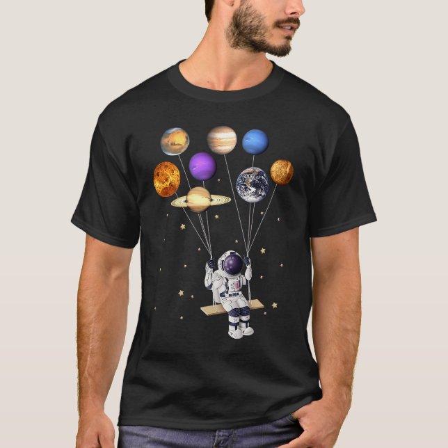 Astronaut Holding Planet Balloons Science Solar Sy T-Shirt (Front)