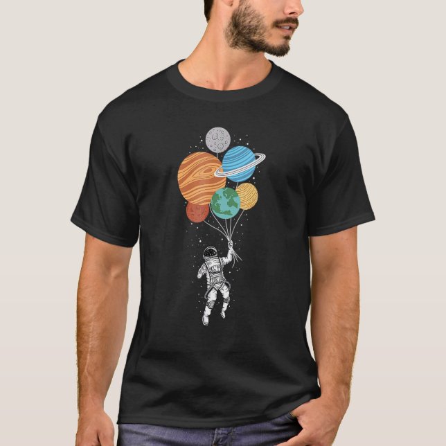 Astronaut holding Planet Balloons Solar System spa T-Shirt (Front)