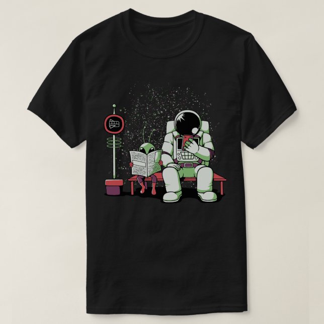 Astronaut In a Bus Stop Funny  Reading Newspaper b T-Shirt (Design Front)