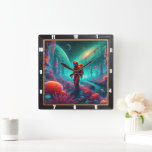 Astronaut in Alien Fantasy Square Wall Clock<br><div class="desc">Step into a surreal dreamscape where an astronaut wanders through a terraformed alien landscape teeming with vibrant colours and fantastical life. This artistic clock captures the spirit of space exploration fused with mythical beauty and cosmic imagination. Set against vivid nebula skies and strange planetary backdrops, the design sparks awe and...</div>
