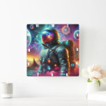 Astronaut in Cosmic Dream Square Wall Clock<br><div class="desc">This imaginative timepiece features an astronaut drifting through a surreal, colourful universe filled with luminous galaxies, vivid nebulas, and ethereal atmospheres. Inspired by science fantasy and cosmic exploration, the artwork captures the thrill of adventure and the beauty of space through a dreamlike fusion of fantasy art and astronomy. A perfect...</div>