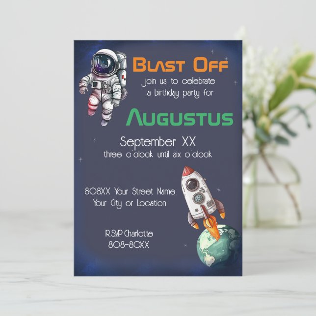 Astronaut in Outer Space Birthday Invitation (Standing Front)
