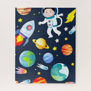 Astronaut in Space Planets and Rockets Pattern Jigsaw Puzzle