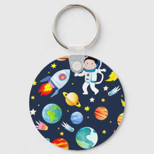 Astronaut in Space Planets and Rockets Pattern Keychain