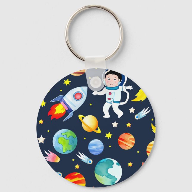 Astronaut in Space Planets and Rockets Pattern Keychain (Front)