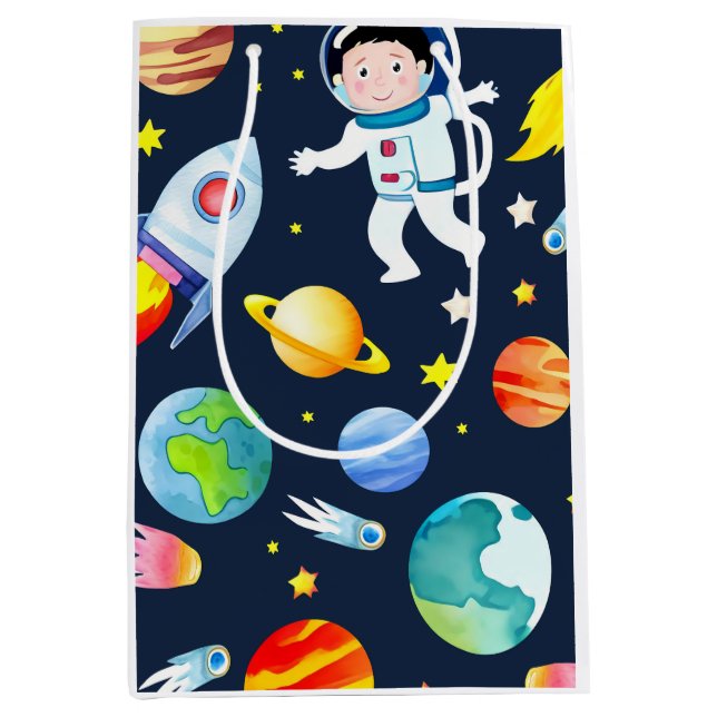 Astronaut in Space Planets and Rockets Pattern Medium Gift Bag (Front)