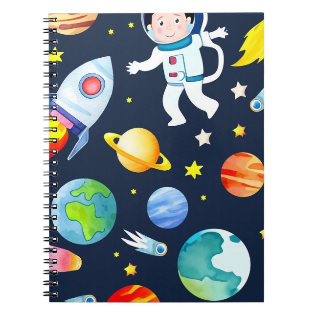 Astronaut in Space Planets and Rockets Pattern Notebook (Front)