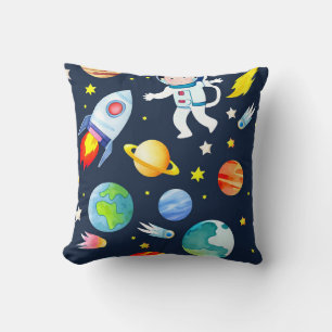 Astronaut in Space Planets and Rockets Pattern Throw Pillow