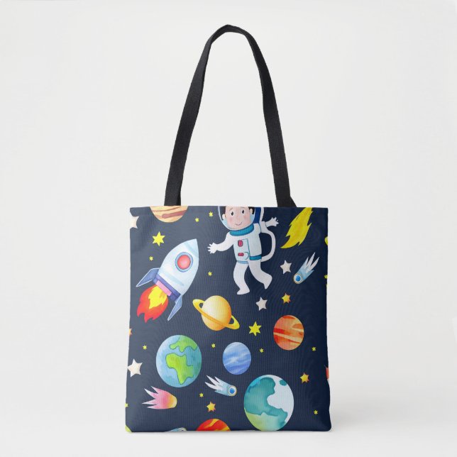Astronaut in Space Planets and Rockets Pattern Tote Bag (Front)