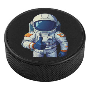 astronaut in space suit showing thumb up  hockey puck