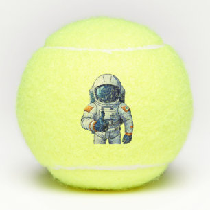 astronaut in space suit showing thumb up  tennis balls