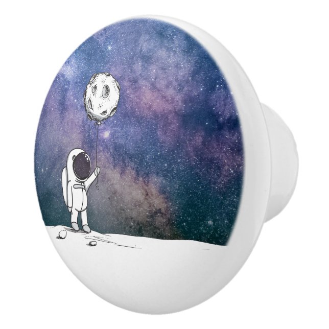 Astronaut in space with moon balloon cosmos stars ceramic knob (Right)