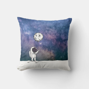 Astronaut in space with moon balloon cosmos stars throw pillow
