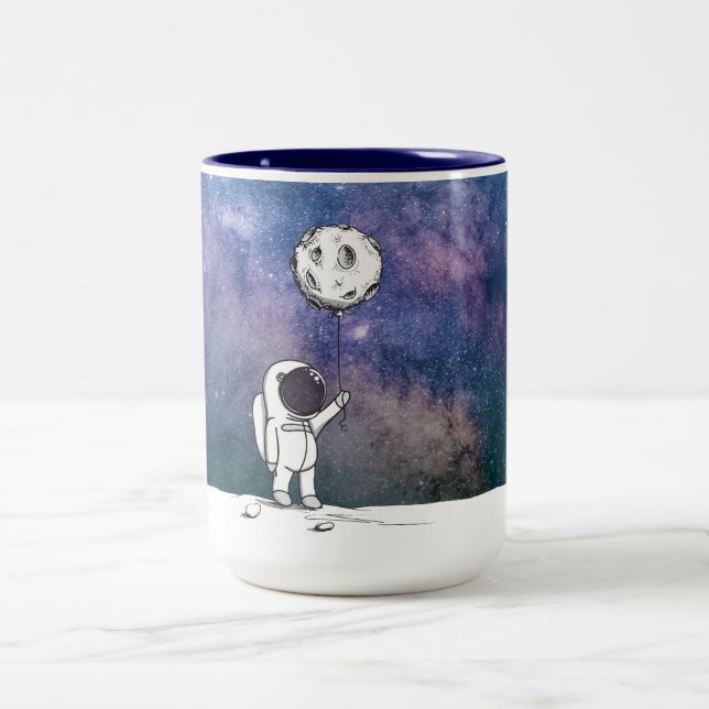 Astronaut in space with moon balloon cosmos stars Two-Tone coffee mug (Center)