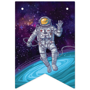 Astronaut in Space with Stars & Galaxy. Bunting Flags