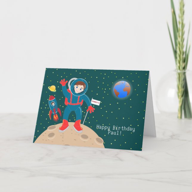 Astronaut kid on the moon birthday party card (Front)