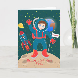 Astronaut kid on the moon birthday party card