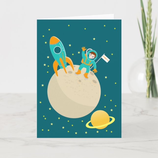 Astronaut kid on the moon birthday party card (Front)