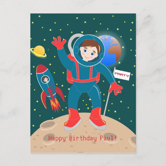 Astronaut kid on the moon birthday party postcard (Front)