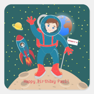 Astronaut kid on the moon birthday party square sticker