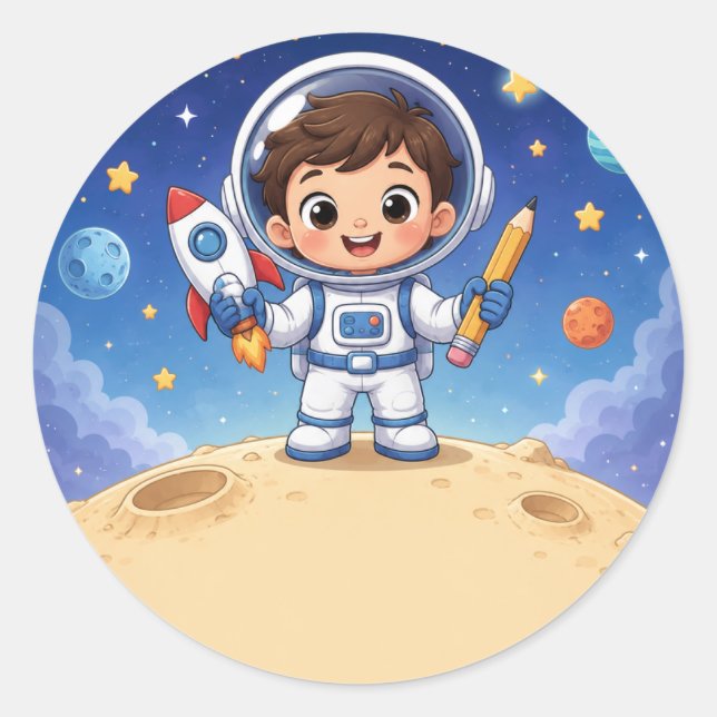 Astronaut Kid Ready to Explore School Noteboo Classic Round Sticker (Front)