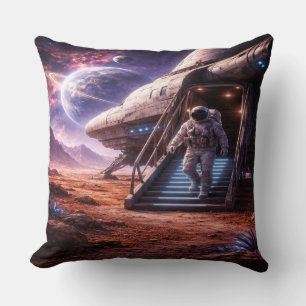 Astronaut Leaving Landing Ship Throw Pillow