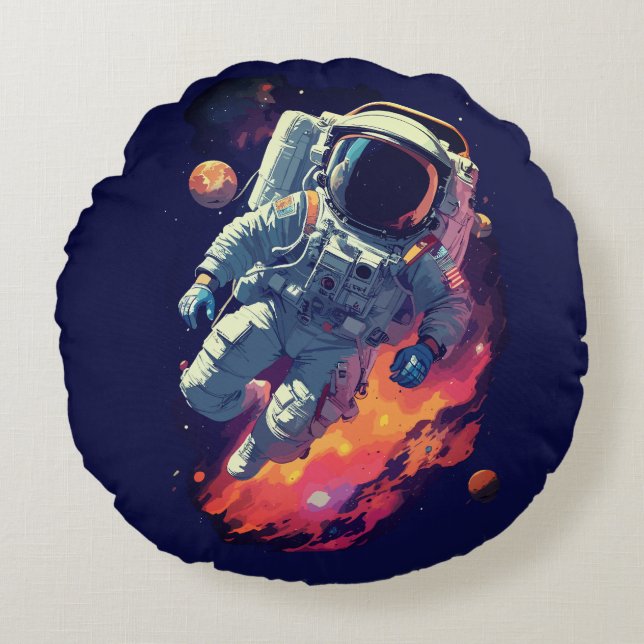 Astronaut Lost in Galaxy Background, Round Pillow (Front)