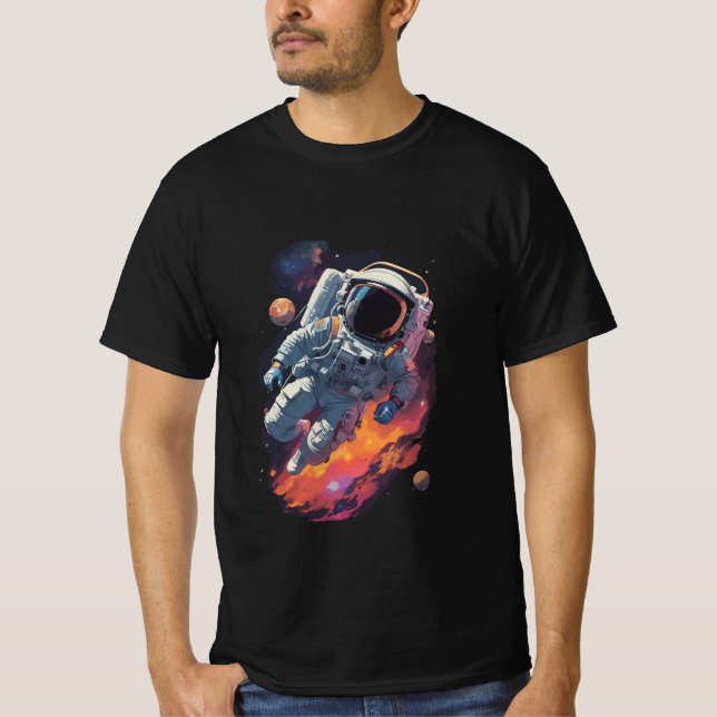 Astronaut Lost in Galaxy Background T-Shirt (Front)