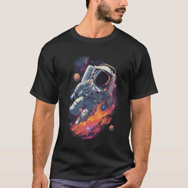 Astronaut Lost in Galaxy Background T-Shirt (Front)