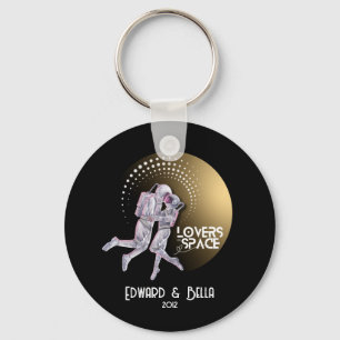 Astronaut Lovers Kissing in Space with Gold Planet Keychain