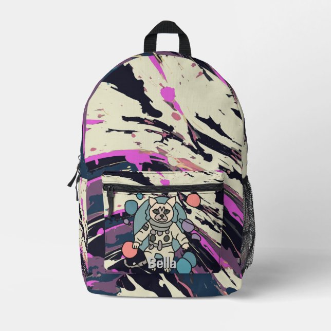 Astronaut minimalist cat in space | Funny & Cute Printed Backpack (Front)