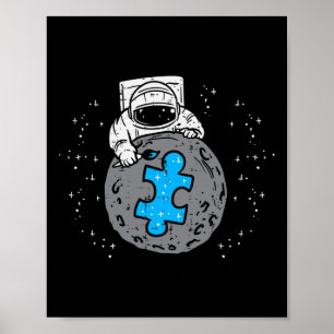 Astronaut Moon Blue Puzzle Piece Autism Awareness  Poster