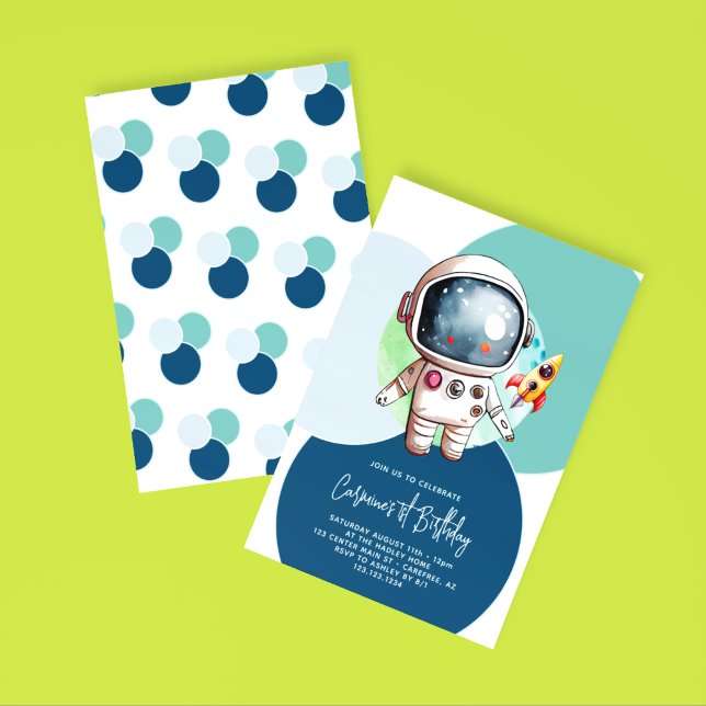 Astronaut Moon Rocket Blue 1st Birthday Invitation (Creator Uploaded)