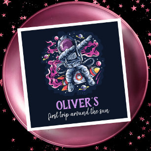 Astronaut on a space rocket with stars and planets napkin