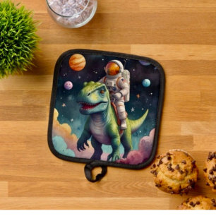 Astronaut on Dino in Space Pot Holder