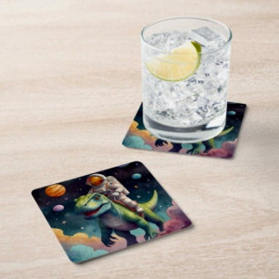 Astronaut on Dino in Space  Square Paper Coaster