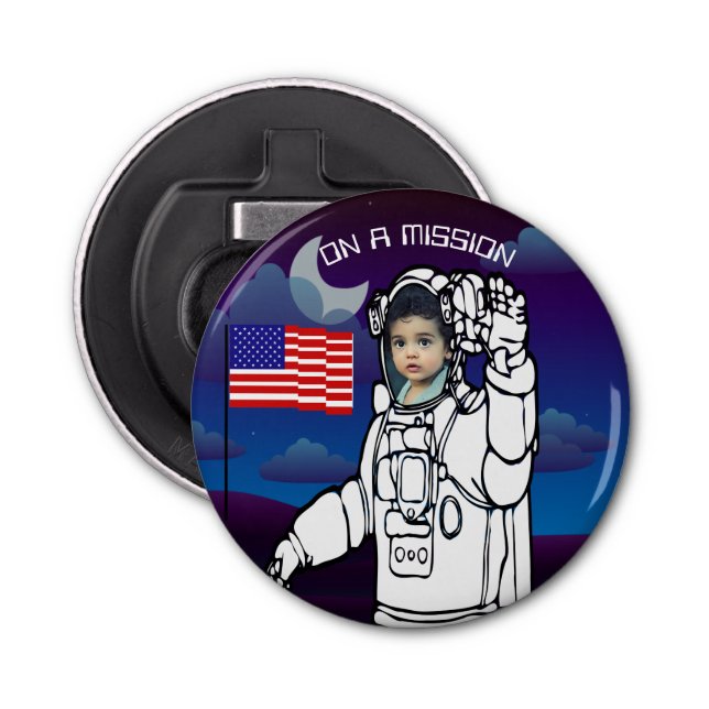 Astronaut On Moon Outer Space Boy Birthday Bottle Opener (Front)