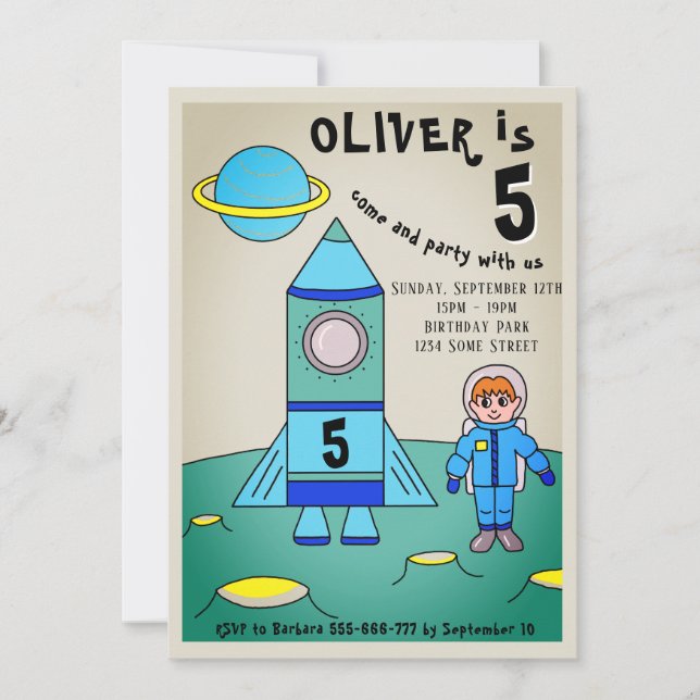 Astronaut on Moon Rocket Kids Birthday Party Invitation (Front)
