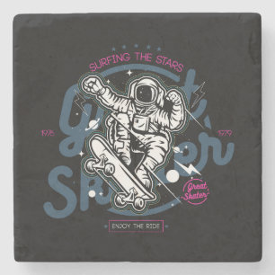 Astronaut on Skateboard Surfing the Stars Stone Coaster